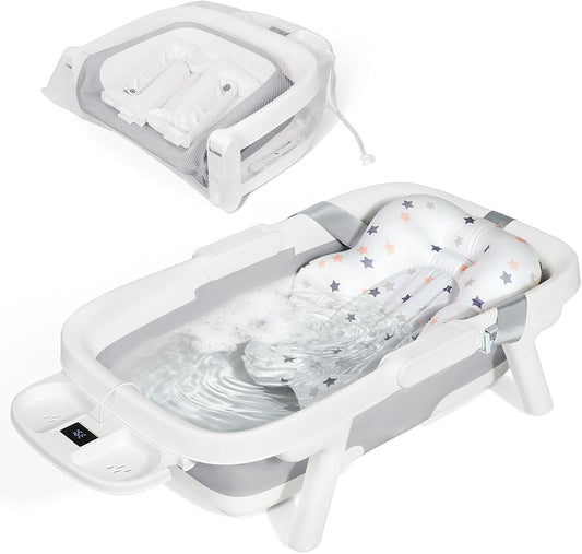 Orzbow Collapsible Baby Bathtub with Cushion & Thermometer, Large Size,Gray