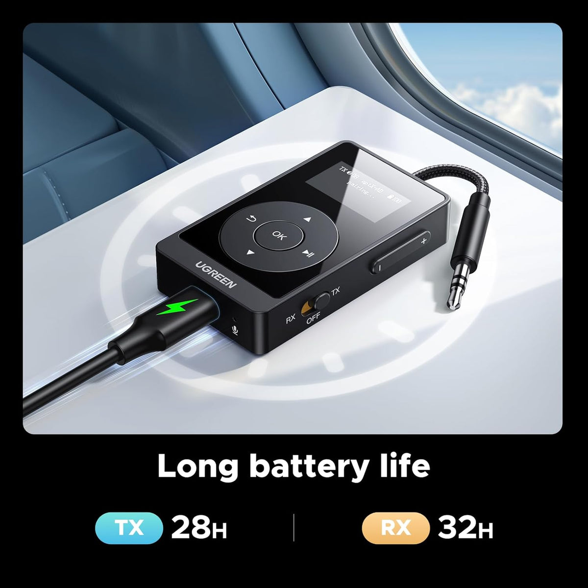 UGREEN Airplane Bluetooth 5.3 Transmitter Receiver for 2 Airpods, AptX Adaptive/HD Audio 3.5m Aux Bluetooth Adapter for Airplane TV Wireless Headphones, Travel Essentials for Flying - PuriLite