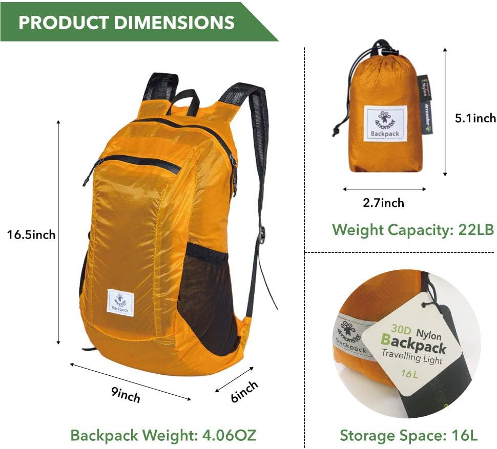 4Monster Hiking Daypack,Water Resistant Lightweight Packable Backpack for Travel Camping Outdoor - PuriLite