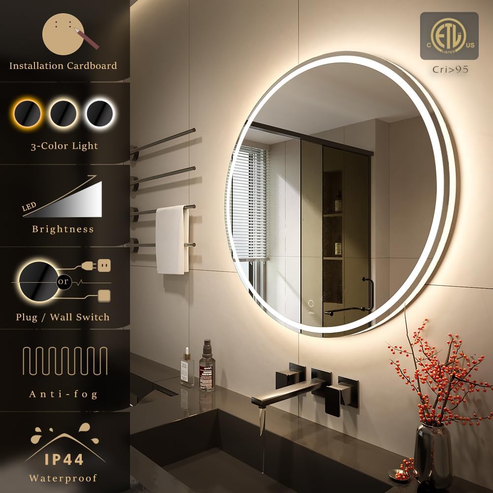 KWW Round Mirror Bathroom LED Lighted Mirror, Illuminated Dimmable Anti-Fog Wall-Mounted Makeup Vanity Mirror with Lights (24L x 24W inches) - PuriLite