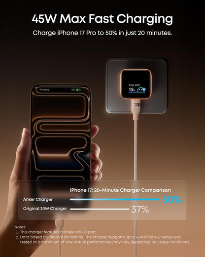 Anker Smart Display Charger,Anker Nano 45W Fast Charging USB C Charger with Smart Recognition,Built-in Care Mode,Compact with 180° Foldable Plug,for iPhone 17/16/15 Series,MacBook,Apple Watch (Orange)