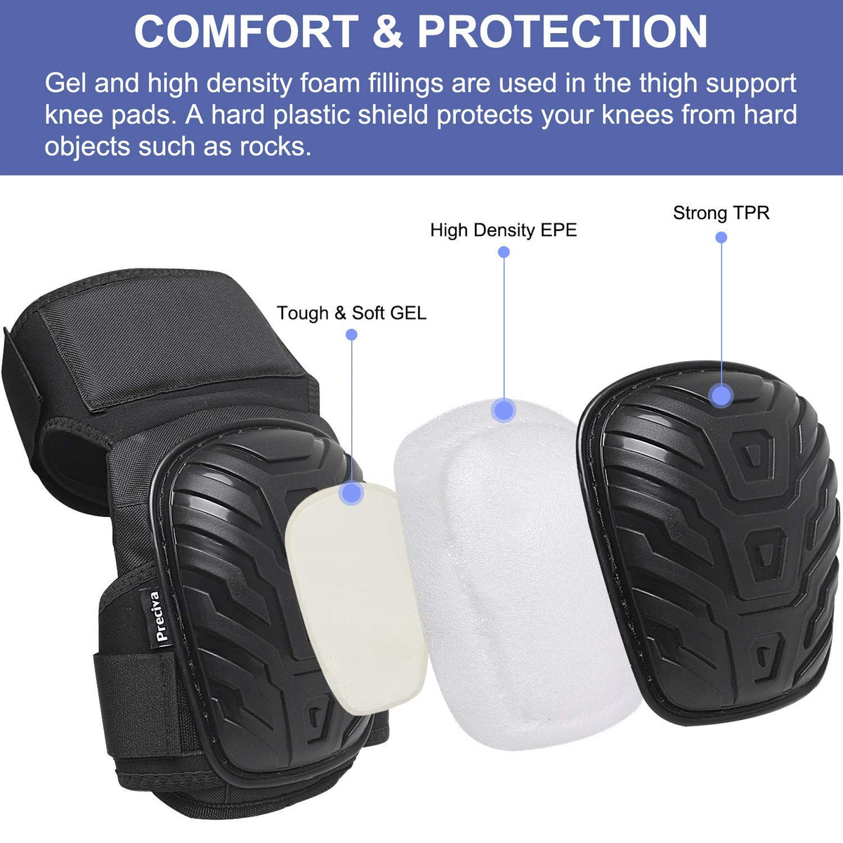 Knee Pads, Preciva Professional Gel Knee Pads for Work, Heavy Duty High Anti-Slip Straps and Double Gel Cushion Foam Padding Construction Tool Kneepads - Cleaning, Flooring, Gardening - PuriLite