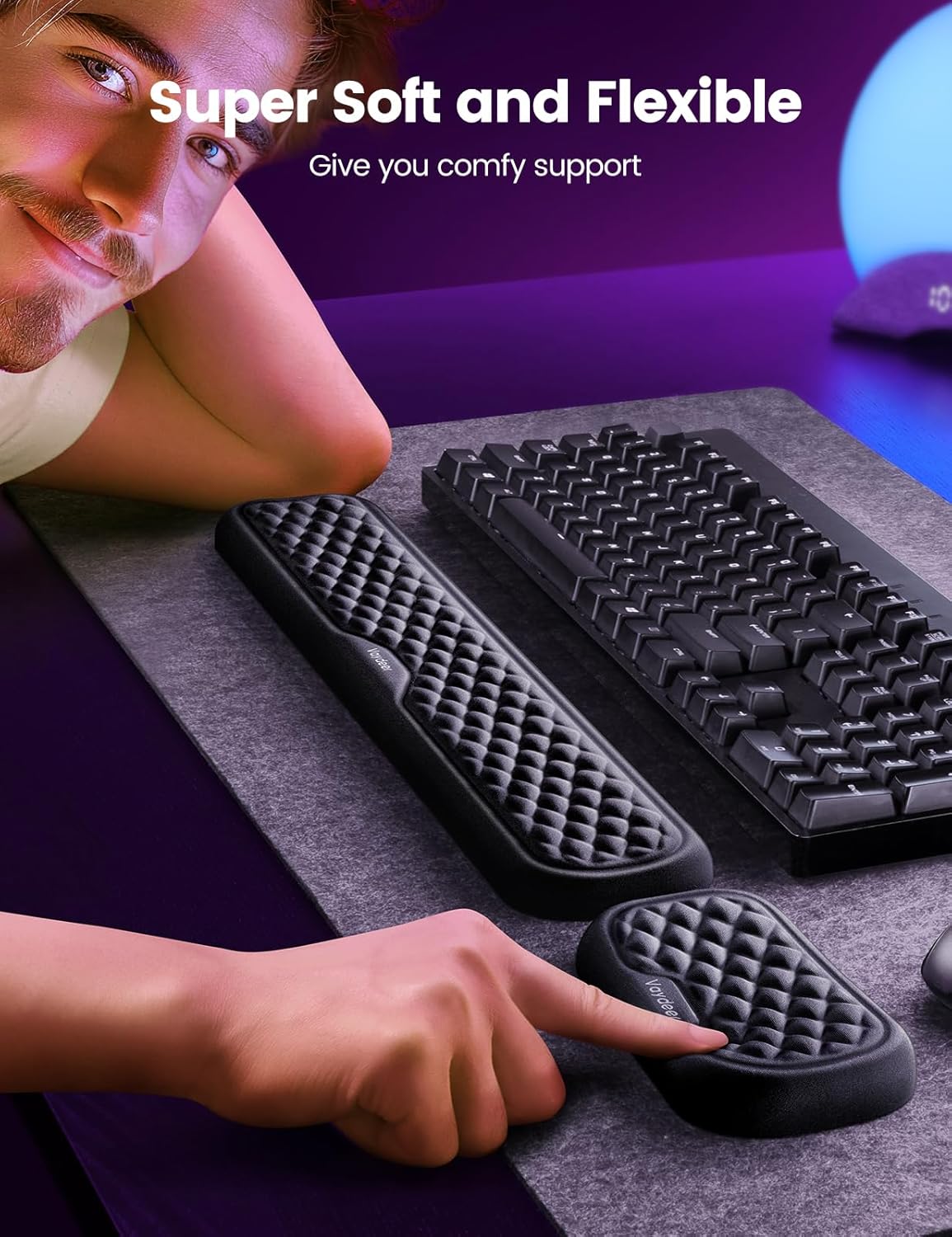 Ergonomic Keyboard and Mouse Wrist Rest Pad Set with Memory Foam Support, Non-Slip Desk Wrist Support for Computer and Laptop Typing, Large Black Set - PuriLite