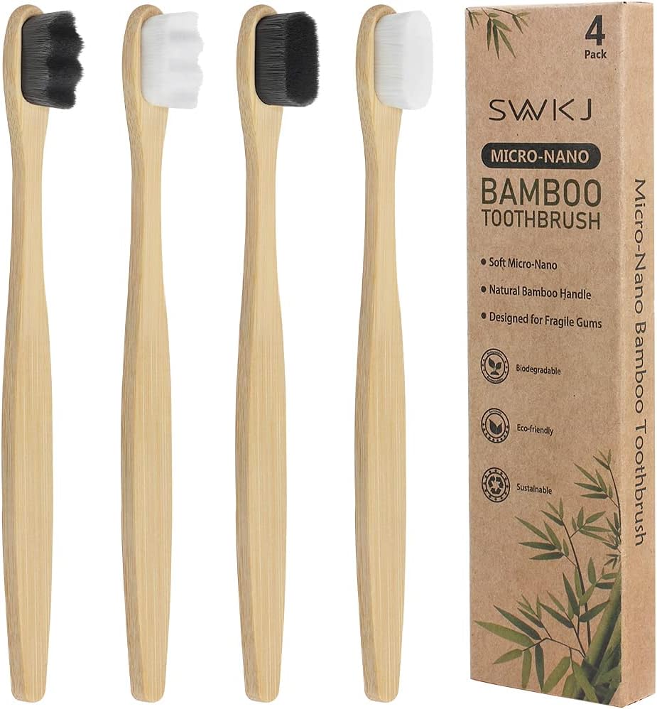 SWKJ 4 Pcs Soft Bamboo Micro-Nano Toothbrushes, Extra Soft Toothbrush with 20000 Bristles Designed for Sensitive Gums Kids Adults - PuriLite