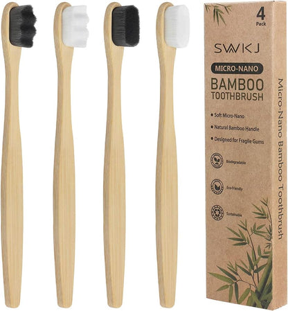 SWKJ 4 Pcs Soft Bamboo Micro-Nano Toothbrushes, Extra Soft Toothbrush with 20000 Bristles Designed for Sensitive Gums Kids Adults - PuriLite