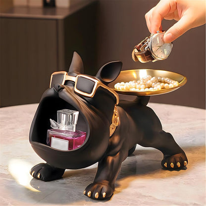 French Bulldog Resin Tray Statue – Key Holder, Candy Dish & Desk Decor for Home, Office & Entryway Table – Black Bulldog Figurine - PuriLite