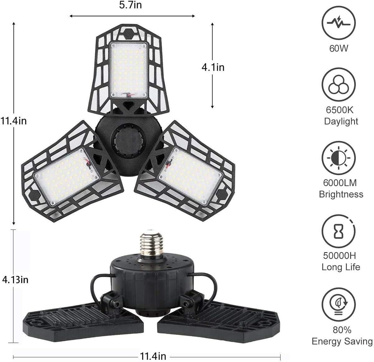 LED Garage Lights - 6000 Lumen 6500K Daylight 60W, Three Leaf Led Garage Ceiling Lights, Pack of 2 - PuriLite