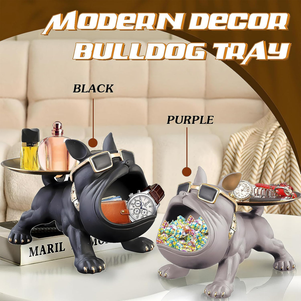 French Bulldog Resin Tray Statue – Key Holder, Candy Dish & Desk Decor for Home, Office & Entryway Table – Black Bulldog Figurine - PuriLite