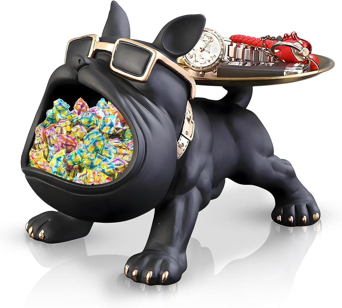 French Bulldog Resin Tray Statue – Key Holder, Candy Dish & Desk Decor for Home, Office & Entryway Table – Black Bulldog Figurine - PuriLite