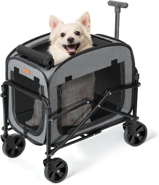 Lekebobor Cat Carrier with Wheels Large Cats 40LBS, Rolling Pet Carriage with Big All-Terrain Wheels (Gray) - PuriLite