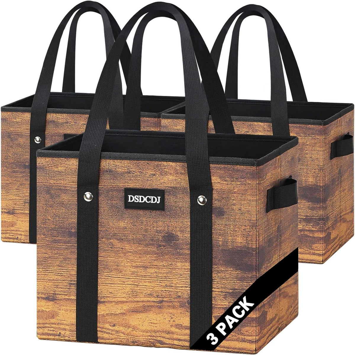 DSDCDJ Reusable Grocery Bags - Heavy Duty Reusable Shopping Bags with Hard Bottom & Long Handles, Foldable Large Tote Bags with Box Shape to Stand Up - for Kitchen, Picnic, 3 Pack, Wood Print - PuriLite
