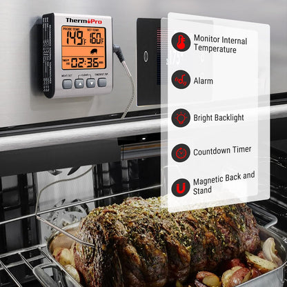 ThermoPro TP16S Digital Meat Thermometer for Cooking and Grilling, BBQ Food Thermometer with Backlight and Kitchen Timer, Grill Temperature Probe Thermometer for Smoker, Barbecue, Oven, Cookware - PuriLite
