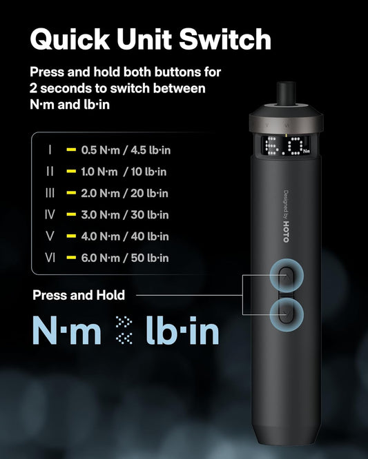 HOTO PixelDrive Electric Screwdriver – Smart Display Cordless Screwdriver with 6 Torque Settings, 30 Bits, LED Light & USB-C Rechargeable Battery - PuriLite