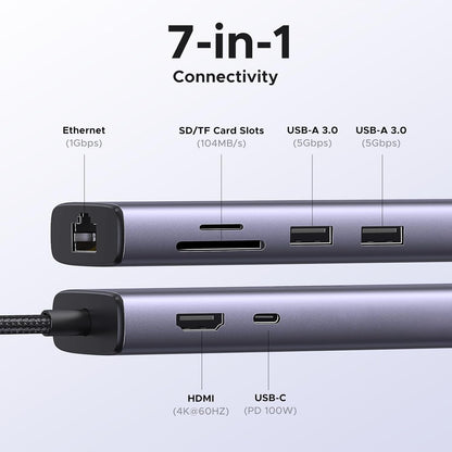 UGREEN Revodok USB C Hub, 7 in 1 USB C Dock with 4K 60Hz HDMI, 1Gbps Ethernet, 2 USB 3.0, 100W PD, SD/TF Card Reader Docking Station Compatible with MacBook Pro/Air, iPad, XPS, Thinkpad, Steam Deck - PuriLite