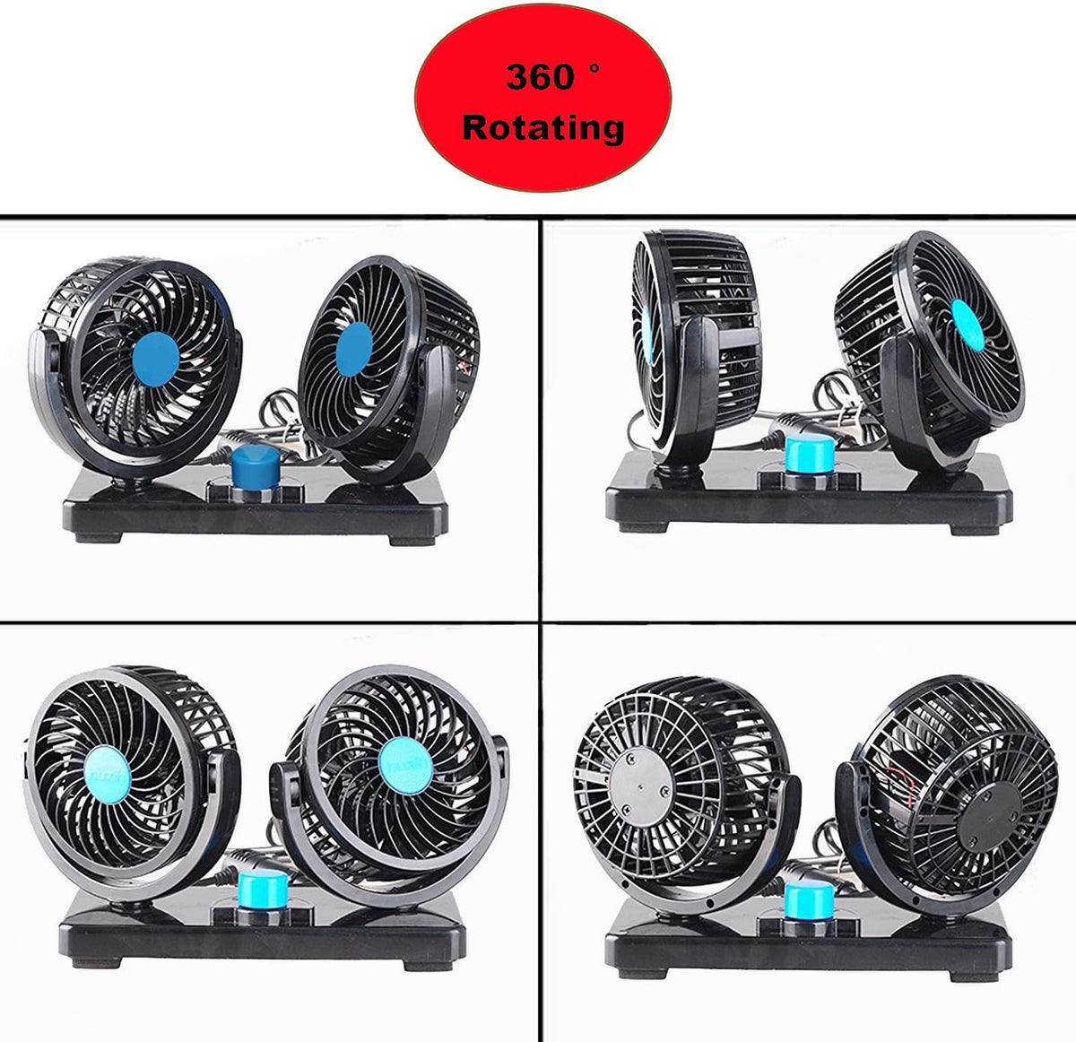 Itian 360° Rotating Double Mini Electric Car Fan - Dual Head Clip Fan for Car, SUV, RV, Boat, Adjustable Speeds, Includes Adhesive Stickers - PuriLite