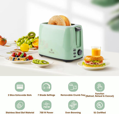 iSiLER 2 Slice Toaster, 1.3 Inches Wide Slot Bagel Toaster with 7 Shade Settings and Double Side Baking, Compact Bread Toaster with Removable Crumb Tray, Defrost Cancel Function Green - PuriLite