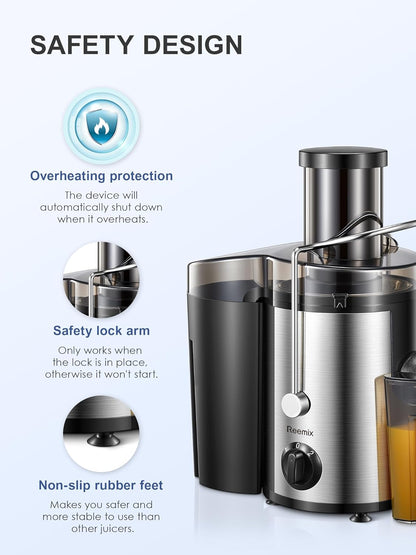 Reemix Juicer Machine, Big Mouth Large 3” Feed Chute for Whole Fruits and Vegetables, Easy to Clean, Centrifugal Extractor, BPA Free, 500W Motor (Black, 500, Watts) - PuriLite