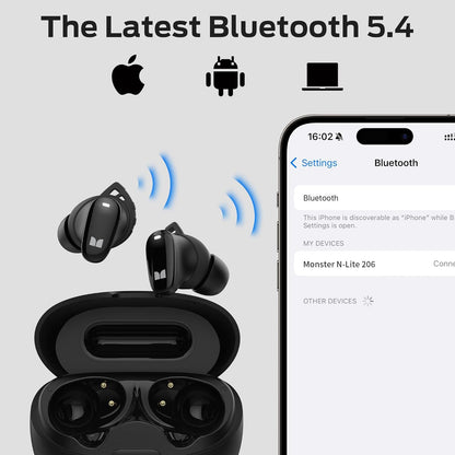 Monster N-Lite 206 - Wireless Earbuds with Bluetooth 5.4, 25H Playtime, IPX6 Waterproof, USB-C Fast Charging - PuriLite