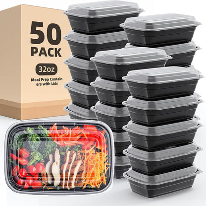 50 Pack 32 oz Meal Prep Containers with Lids, Reusable Leakproof & Food Safe Food Storage Containers, Microwave, Freezer, Dishwasher Safe Food Prep Containers, To Go Take Out Plastic Food Storage - PuriLite