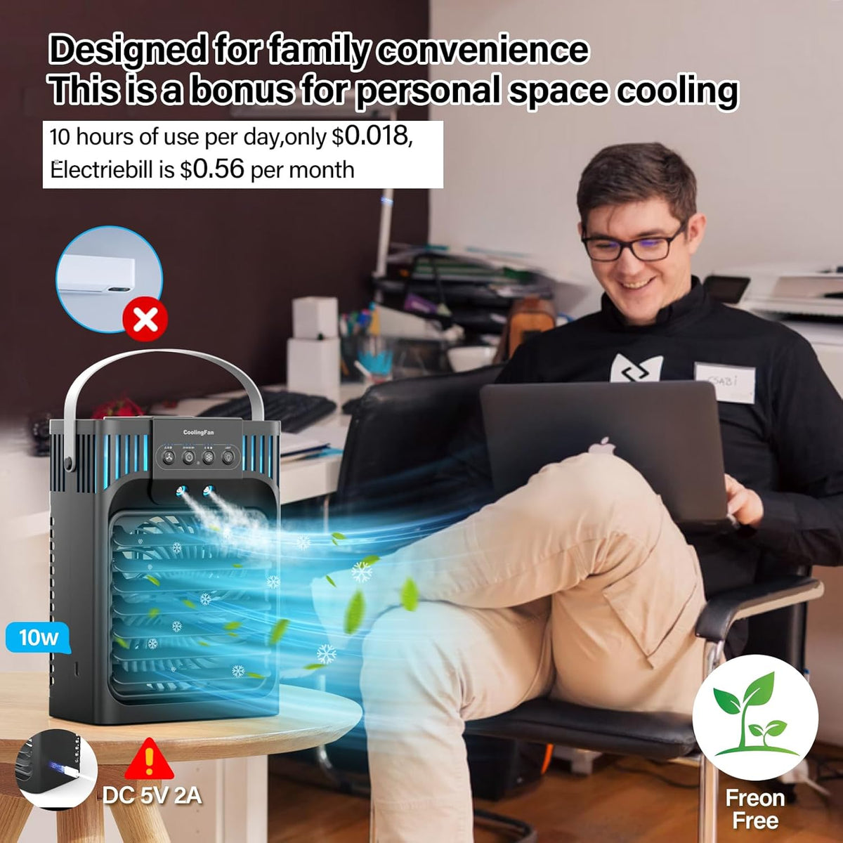 Portable Air Conditioner, LEAEYFE 3 Higher Speeds With 1200ml Extra Large Water Tank, 7 Color Lights 2/8 Hour Timer, 120° OscillatingCooling Fan For Desk, Home, Bed and Living Room - PuriLite