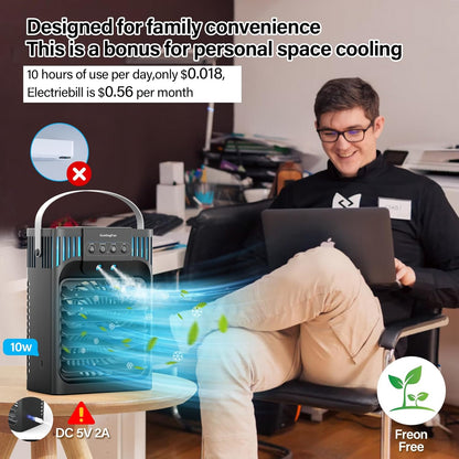 Portable Air Conditioner, LEAEYFE 3 Higher Speeds With 1200ml Extra Large Water Tank, 7 Color Lights 2/8 Hour Timer, 120° OscillatingCooling Fan For Desk, Home, Bed and Living Room - PuriLite