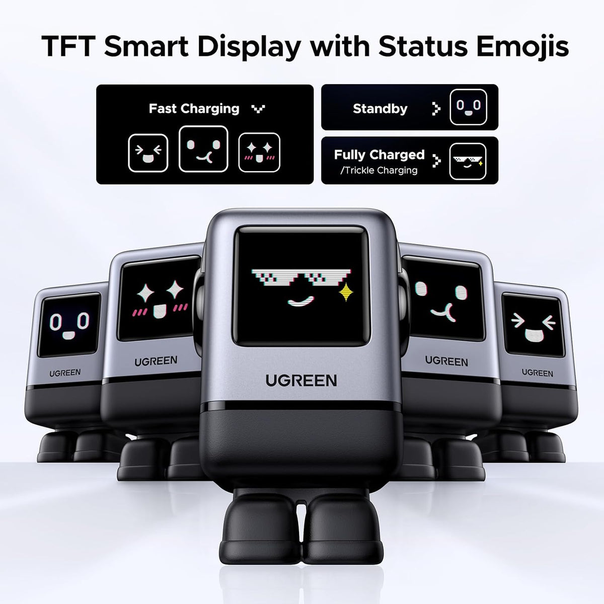UGREEN Uno 100W Robot GaN Charger Bundle – 4-Port Fast Charging with TFT Screen + 100W USB-C to USB-C Cables - PuriLite