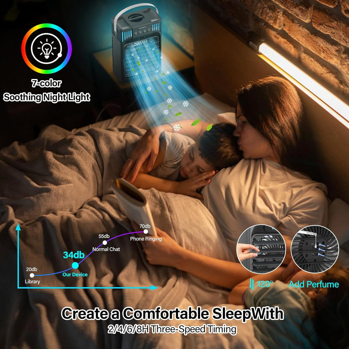 Portable Air Conditioner, LEAEYFE 3 Higher Speeds With 1200ml Extra Large Water Tank, 7 Color Lights 2/8 Hour Timer, 120° OscillatingCooling Fan For Desk, Home, Bed and Living Room - PuriLite