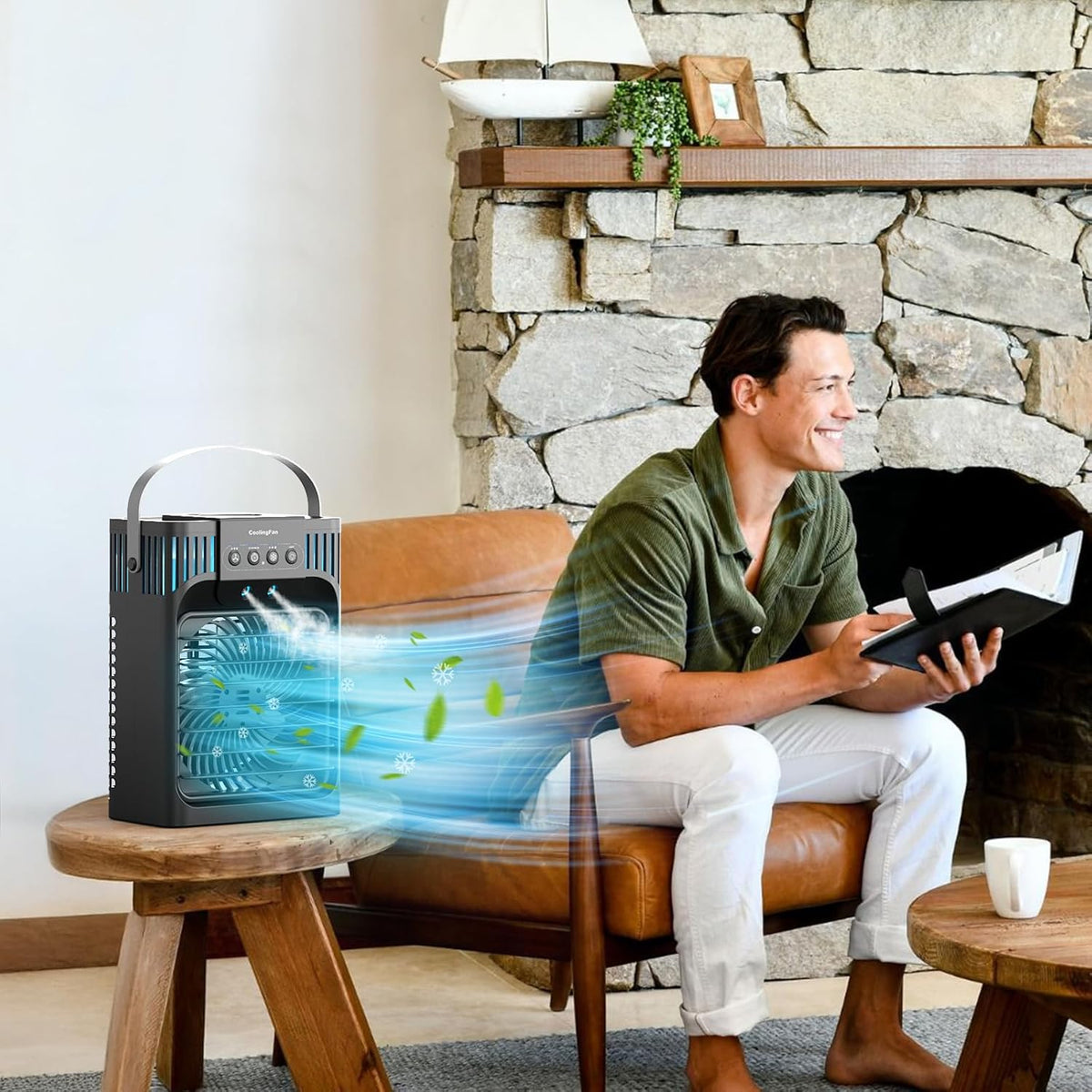 Portable Air Conditioner, LEAEYFE 3 Higher Speeds With 1200ml Extra Large Water Tank, 7 Color Lights 2/8 Hour Timer, 120° OscillatingCooling Fan For Desk, Home, Bed and Living Room - PuriLite