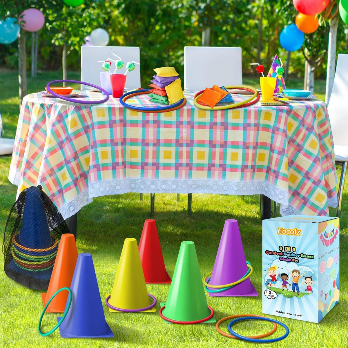 Eocolz 3 in 1 Carnival Games Set, Soft Plastic Cones Bean Bags Ring Toss Games for Kids Birthday Party Outdoor Games Supplies 32 Piece Combo Set - PuriLite
