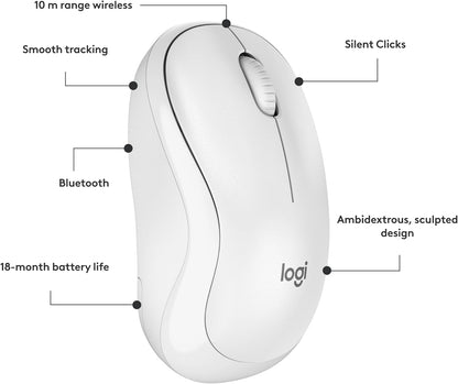 Logitech M240 Silent Bluetooth Mouse, Wireless, Compact, Portable, Smooth Tracking, 18-Month Battery, for Windows, macOS, ChromeOS, Compatible with PC, Mac, Laptop, Tablets - Off White - PuriLite