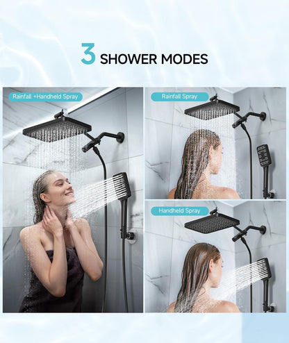 Purilite Select High Pressure Rain Shower Head with Handheld Spray – 12” Adjustable Dual Rainfall & Waterfall Shower Head Combo, Matte Black Bathroom Shower System - PuriLite