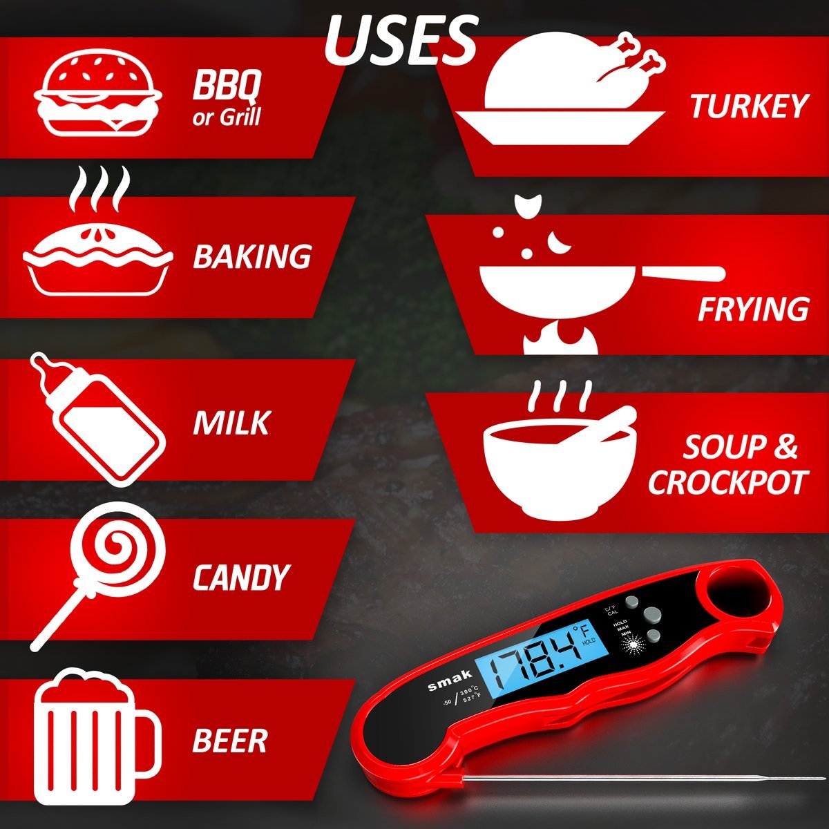 Digital Instant Read Meat Thermometer - Waterproof Kitchen Food Cooking Thermometer with Backlight LCD - Best Super Fast Electric Meat Thermometer Probe for BBQ Grilling Smoker Baking Turkey - PuriLite