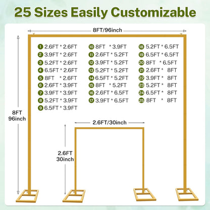 8FT x 8FT Heavy Duty Adjustable Arch Backdrop Stand, Gold Square Back Drop Metal Balloon Arch Stand Kit Frame for Party Wedding Birthday Photobooth Decorations - PuriLite