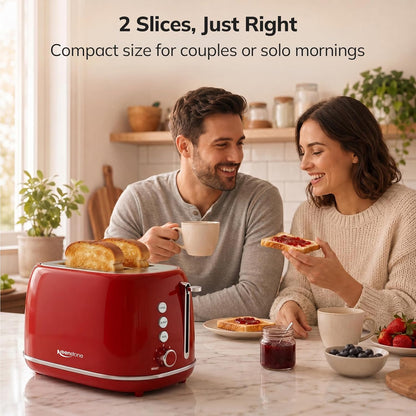 Toaster 2 Slice Stainless Steel Toaster Retro with 6 Bread Shade Settings, Bagel, Cancel, Defrost Function, 2 Slice Toaster with Extra Wide Slot, Removable Crumb Tray, Red
