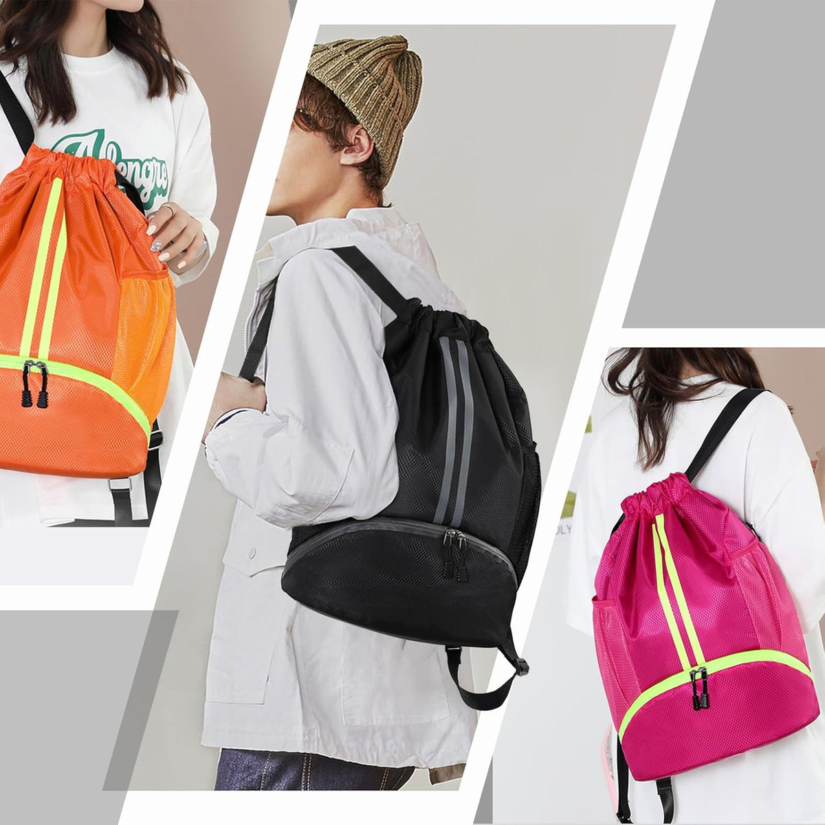 Hoedia Sports Drawstring Backpack - String Swim Gym Bag with Shoes Compartment and Wet Proof Pocket for Women/Men - PuriLite