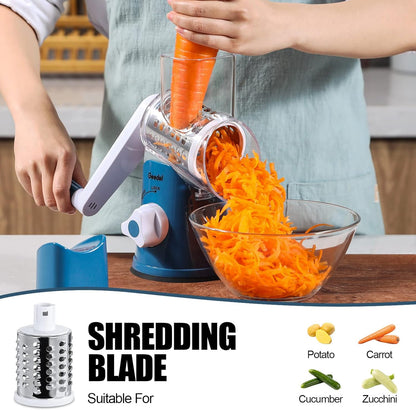 Geedel Kitchen Cheese Grater, Rotary Mandoline Vegetable Slicer with Interchangeable Blades, Easy to Use Rotary Grater Slicer for Fruit, Vegetables, Nuts - PuriLite