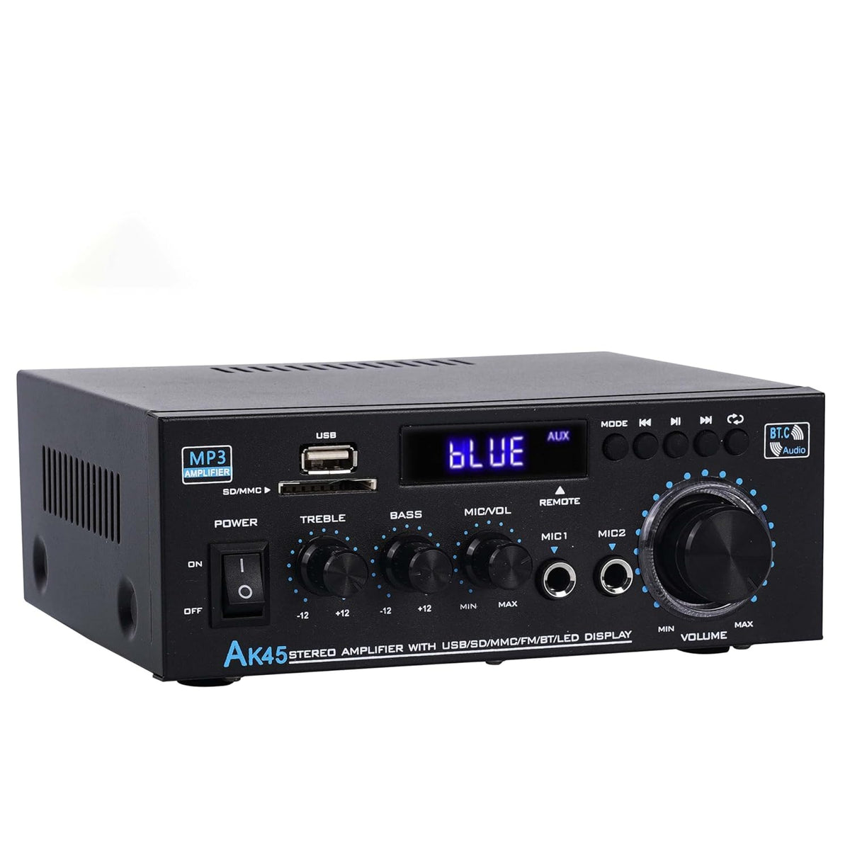 Stereo Receiver Amplifier Home Audio Amp, AK45 Bluetooth Receiver for Home Stereo, 300Wx2, Bluetooth 5.0, 2 Channel Amp with USB/SD/RCA/MIC/FM and Remote for Karaoke Party - PuriLite