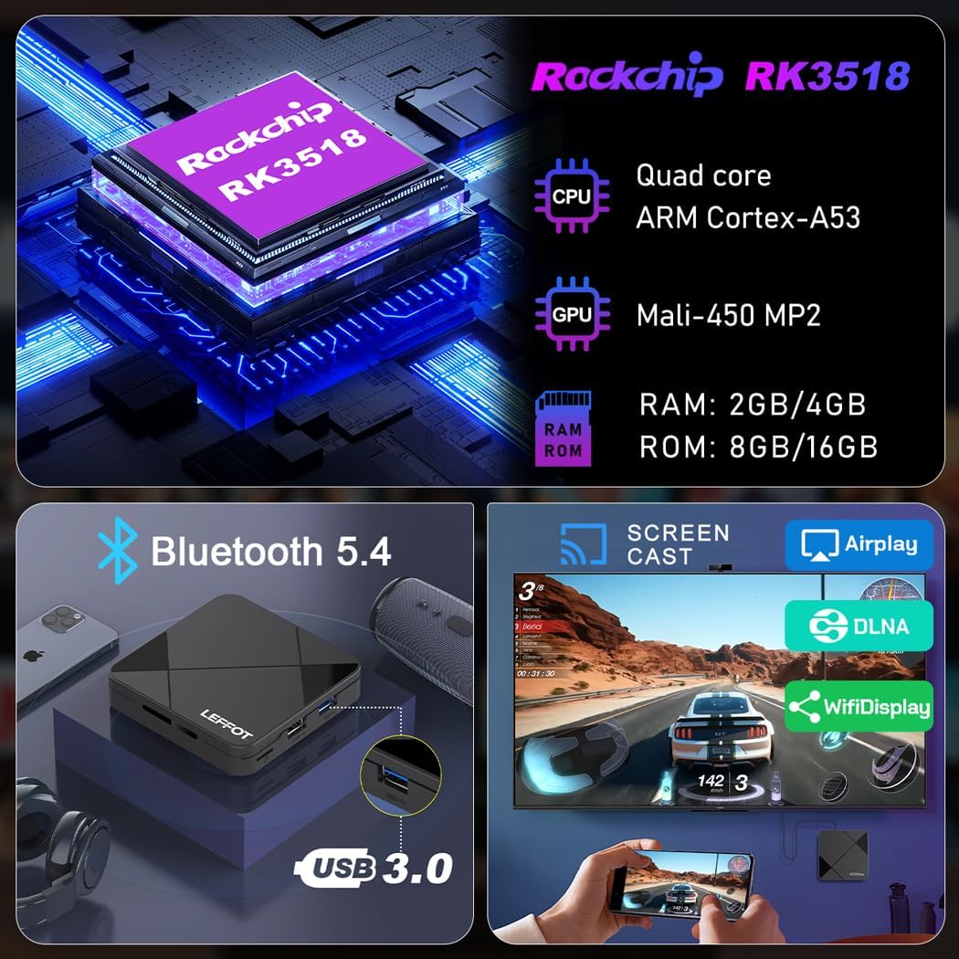 LEFFOT Android TV Box 2025,4K UHD Steaming Devices for TV,2GBRAM + 8GBROM,with HDR10,2.4G&5G WIFI6,BT 5.0,Smat TV Box RK3518 - PuriLite