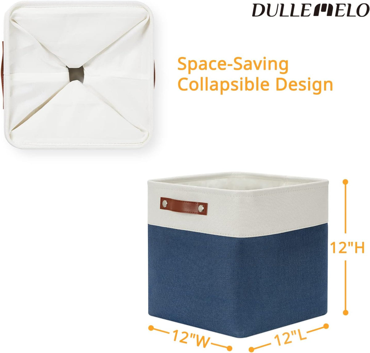 DULLEMELO Storage Baskets for Shelves, Fabric Collapsible Rectangular Storage Bins for Shelves, Closets, Nursery, Home, Office, Empty Gift Baskets (White&Teal) - PuriLite