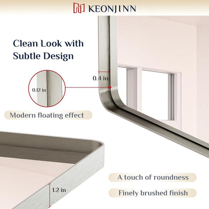 Keonjinn 42 x 36 Brushed Nickel Bathroom Vanity Mirror, Large Rounded Rectangle Bathroom Mirrors for over Sink, Metal Framed Silver Mirror for Wall, Shatterproof HD Tempered Glass(Horizontal/Vertical) - PuriLite