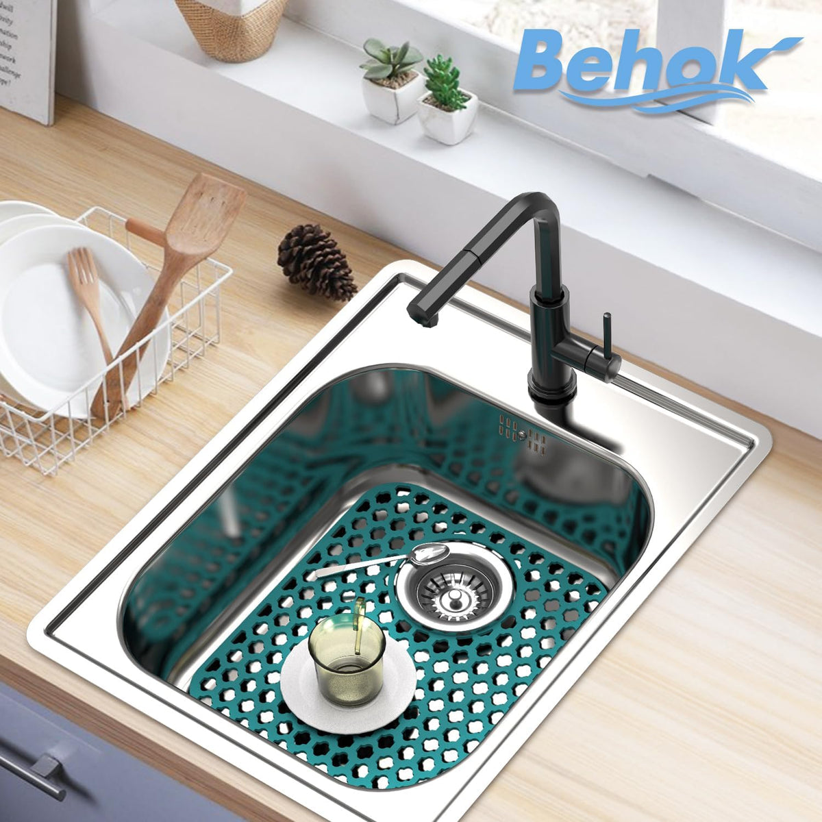 BEHOK 2 Pack Silicone Sink Protector for Kitchen Sink Bathroom Sink 13.58"x 11.6" Sink Mat, Non-Slip and Durable Silicone Sink Grid, Rear Drain (Gray) - PuriLite
