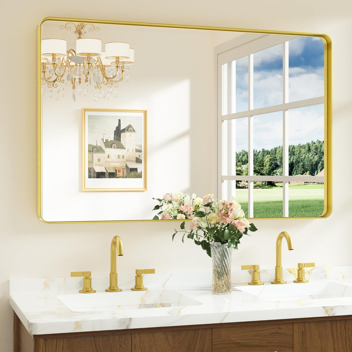 Keonjinn 42 x 36 Brushed Nickel Bathroom Vanity Mirror, Large Rounded Rectangle Bathroom Mirrors for over Sink, Metal Framed Silver Mirror for Wall, Shatterproof HD Tempered Glass(Horizontal/Vertical) - PuriLite