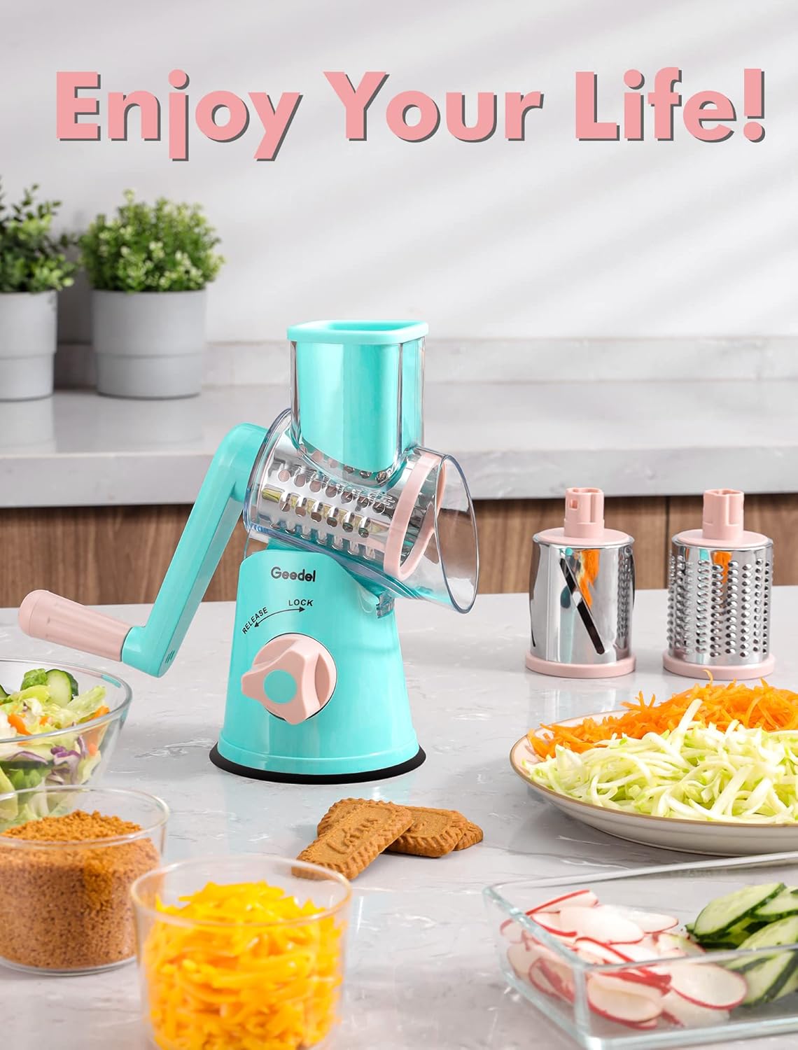 Geedel Kitchen Cheese Grater, Rotary Mandoline Vegetable Slicer with Interchangeable Blades, Easy to Use Rotary Grater Slicer for Fruit, Vegetables, Nuts - PuriLite
