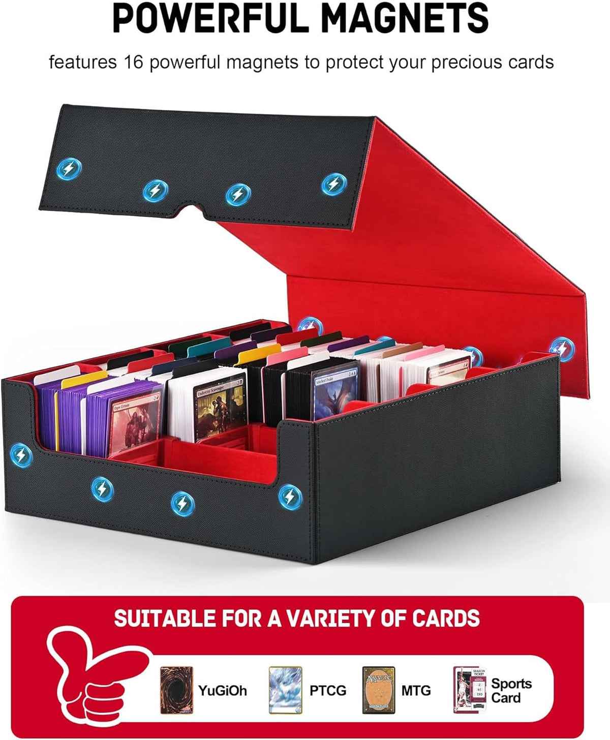 ZLCA Card Storage Box for MTG PTCG, Commander Deck Box Holds 3000+ Cards, Card Storage Case with 4 Stoppers, Card Organizer for TCG Sport Cards (Black) - PuriLite