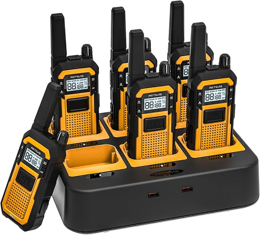 Retevis RB48 Walkie Talkies for Adults, Heavy Duty 2 Way Radios Long Range with Six-Way Charger, IP67 Waterproof, Shock Resistant, Dual PTT, 2000mAh Battery Two Way Radio,Jobsite Construction(6 Pack) - PuriLite
