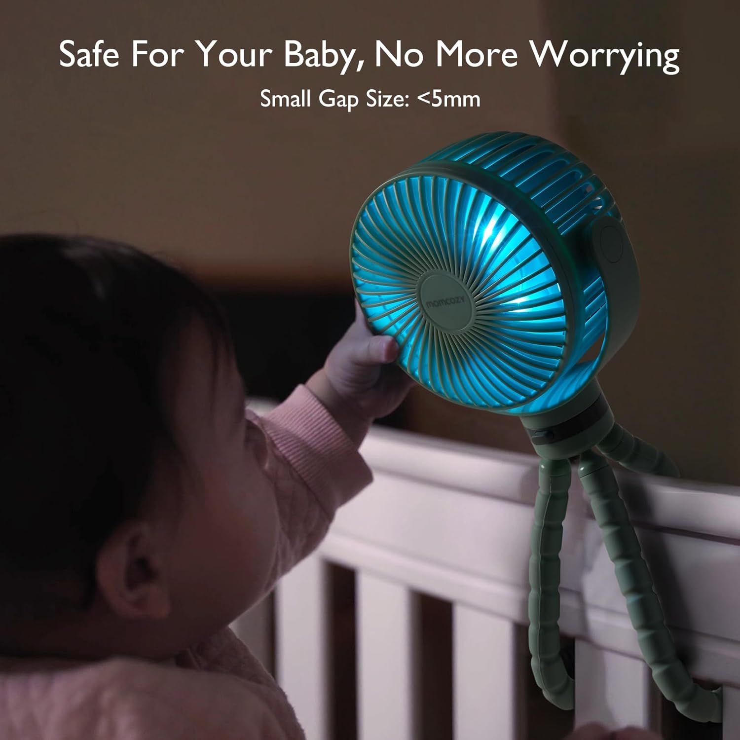 Momcozy Portable Stroller Fan, 27H Ultra-long Battery Life, Detachable 4 Speed 360°Rotate, LED Night Light with 2 Modes, USB Rechargeable and Handheld Cooling Fan for Travel, Car Seat - PuriLite
