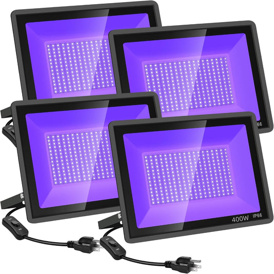 YANYCN 4 Pack 400W LED Black Light,Black Flood Light Outdoor with Plug and Switch, IP66 Waterproof 395nm to 405nm LED UV Blacklight Neon Glow for Glow Party, Halloween, Fluorescent Poster, Body Paint - PuriLite