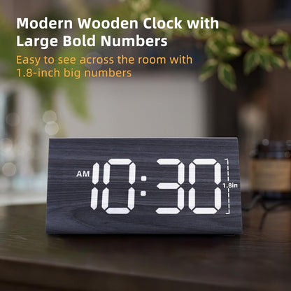 Odokee Wooden Digital Alarm Clock for Bedroom: Electric Desk Clock with Large LED Display - Brown - PuriLite