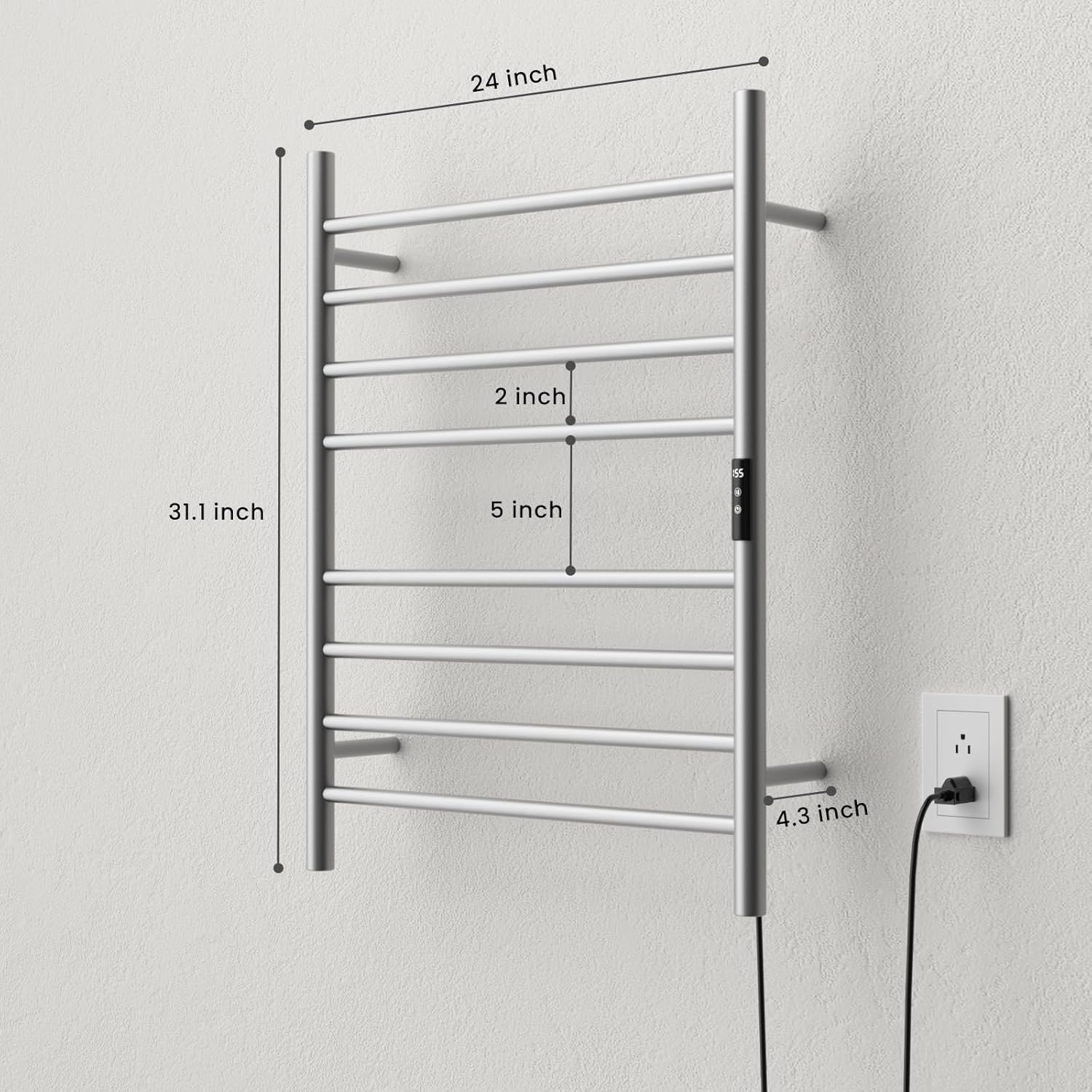 POPFLY Heated Towel Rack, Wall Mounted Electric Hot Towel Warmer, 4-Bar 304 Stainless Steel Small Heated Towel Warmer Rack for Bathroom with Timer and Temperature Control, Brushed - PuriLite