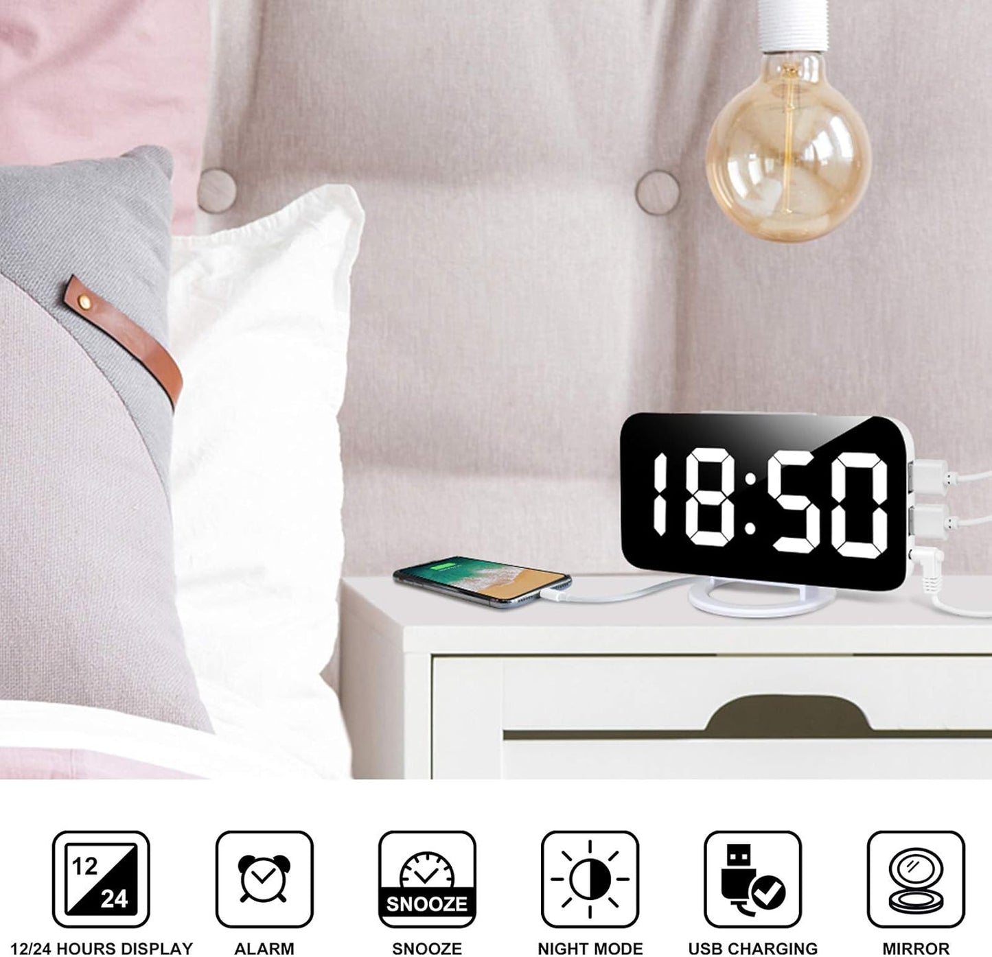 Digital Alarm Clock,Large LED Mirror Display, 2 USB Charging Ports，Auto Dim Mode，Modern Design Clock for Bedroom Office, White - PuriLite
